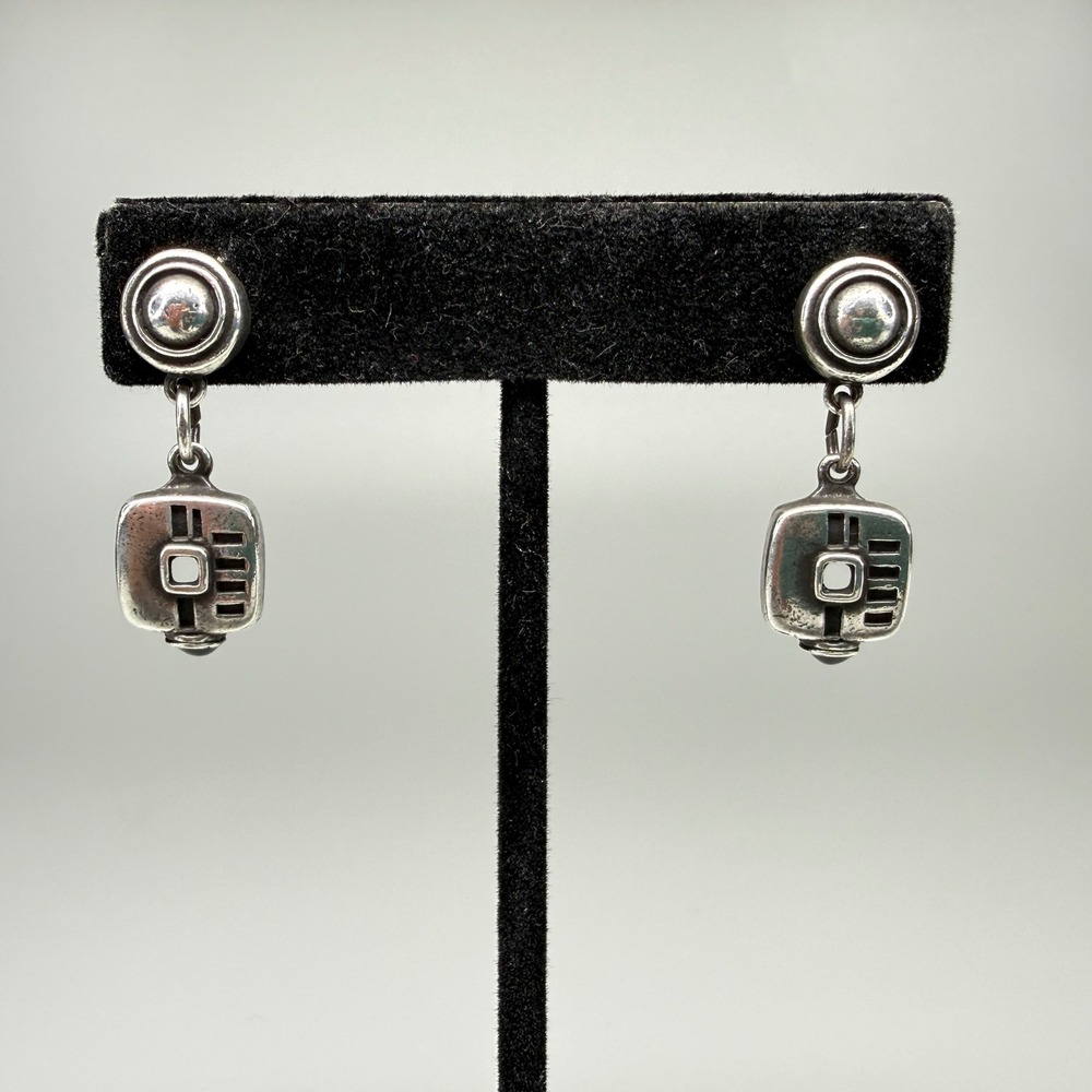 VTG Edgar Berebi Drop Earrings Pierced Silver Tone Brutalist Southwestern Signed